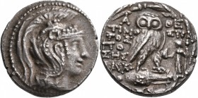 ATTICA. Athens. Circa 165-42 BC. Tetradrachm (Silver, 30 mm, 16.61 g, 1 h), Timostratos, Poses and Lach..., magistrates, 102/1. Head of Athena Parthen...