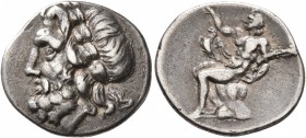 ARKADIA, Arkadian League. Circa 175-168 BC. Triobol (Silver, 17 mm, 2.38 g, 12 h), Megalopolis. Laueate head of Zeus to left. Rev. Pan seated left on ...