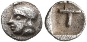 ARKADIA. Tegea. Circa 423-400 BC. Tetartemorion (Silver, 6 mm, 0.17 g, 12 h). Head of Athena Alea to left, wearing crested Attic helmet. Rev. T within...
