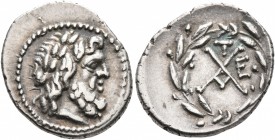 ACHAIA, Achaian League. Tegea. Circa 88-30 BC. Triobol or Hemidrachm (Silver, 17 mm, 2.33 g, 11 h). Laureate head of Zeus to right. Rev. Achaean Leagu...