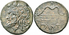 CIMMERIAN BOSPOROS. Pantikapaion. Circa 340-325 BC. AE (Bronze, 27 mm, 13.13 g, 12 h). Head of Pan with a pointed beard, a goat's ear and a pug nose t...