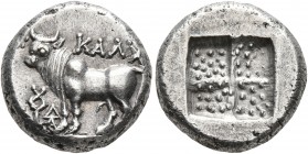 BITHYNIA. Kalchedon. Circa 367/6-340 BC. Drachm (Silver, 14 mm, 3.84 g), Rhodian standard. KAΛX Bull standing left on grain ear; to left, kerykeion an...