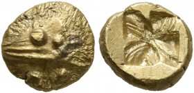 MYSIA. Kyzikos. Circa 600-550 BC. Myshemihekte – 1/24 Stater (Electrum, 7 mm, 0.65 g). Head of a tunny to left; below, pellet. Rev. Swastika pattern i...