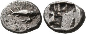 MYSIA. Kyzikos. Circa 600-550 BC. Obol (Silver, 9 mm, 0.67 g). Tunny right, holding stem of lotus flower in its mouth. Rev. Rough incuse square. Rosen...