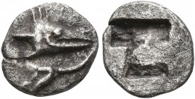 MYSIA. Kyzikos. Circa 550-450 BC. Hemiobol (Silver, 8 mm, 0.38 g). Head of a tunny to right, holding lotus flower (?) in its mouth. Rev. Quadripartite...