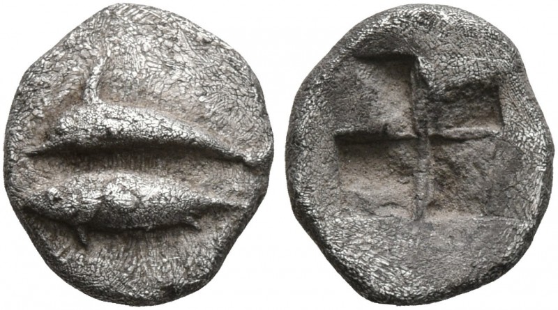 MYSIA. Kyzikos. Circa 500-450 BC. Hemiobol (Silver, 8 mm, 0.45 g). Dolphin swimm...