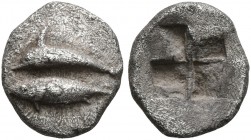 MYSIA. Kyzikos. Circa 500-450 BC. Hemiobol (Silver, 8 mm, 0.45 g). Dolphin swimming left above tunny to left. Rev. Quadripartite incuse square. Hirsch...