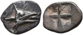 MYSIA. Kyzikos. Circa 550-500 BC. Hemiobol (Silver, 9 mm, 0.48 g). Head of tunny to right, with small tunny in mouth. Rev. Quadripartite incuse square...