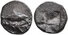 MYSIA. Kyzikos. Circa 550-500 BC. Hemiobol (Silver, 8 mm, 0.35 g). Tunny to right; below, lotus flower to right. Rev. Quadripartite incuse square. Leu...