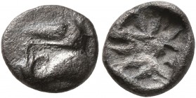 MYSIA. Kyzikos. Circa 550-500 BC. Hemiobol (Silver, 8 mm, 0.48 g). Head of a tunny to left, holding stem of lotus flower in its mouth. Rev. Rough incu...