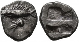 MYSIA. Kyzikos. Circa 550-500 BC. Hemiobol (Silver, 8 mm, 0.48 g). Tunny to left; below, lotus flower to left. Rev. Quadripartite incuse square. CNG 9...