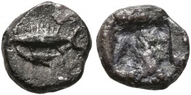 MYSIA. Kyzikos. Circa 550-500 BC. Hemiobol (Silver, 7 mm, 0.33 g). Tunny left, holding stem of lotus flower in its mouth. Rev. Quadripartite incuse sq...