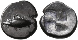 MYSIA. Kyzikos. Circa 550-500 BC. Hemiobol (Silver, 7 mm, 0.26 g). Tunny to left. Rev. Quadripartite incuse square. SNG von Aulock 7328. Von Fritze II...