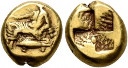 MYSIA. Kyzikos. Circa 550-450 BC. Hemihekte – 1/12 Stater (Electrum, 9 mm, 1.29 g). Dionysos seated left, holding kantharos in his right hand; below, ...