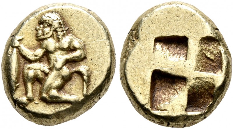 MYSIA. Kyzikos. Circa 550-450 BC. Hekte (Electrum, 11 mm, 2.66 g). Satyr kneelin...