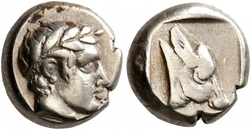 LESBOS. Mytilene. Circa 454-428/7 BC. Hekte (Electrum, 10 mm, 2.58 g, 3 h). Laur...