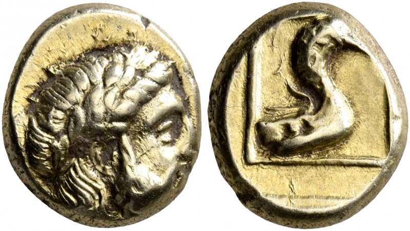 LESBOS. Mytilene. Circa 377-326 BC. Hekte (Electrum, 11 mm, 2.53 g, 6 h). Laurea...