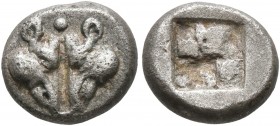 LESBOS. Uncertain mint. Circa 478-460 BC. 1/12 Stater (Silver, 10 mm, 1.30 g). Heads of two confronted boars; above, pellet. Rev. Quadripartite incuse...