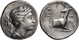 IONIA. Ephesos. Circa 245-202 BC. Didrachm (Silver, 21 mm, 6.31 g, 1 h). Diademed head of Artemis to right, with bow and quiver over her left shoulder...