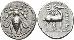 IONIA. Ephesos. Circa 202-150 BC. Drachm (Silver, 18 mm, 4.10 g, 12 h), Automedon, magistrate. Ε-Φ Bee. Rev. [A]YTOMEΔΩ[N] Stag standing right; palm t...