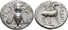 IONIA. Ephesos. Circa 202-150 BC. Drachm (Silver, 17 mm, 3.56 g, 12 h), Polyainos, magistrate. E-Φ Bee. Rev. [ΠΟ]ΛΥΑΙΝ[ΟΣ] Stag standing right; palm t...