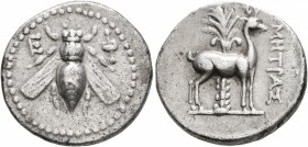 IONIA. Ephesos. Circa 202-150 BC. Drachm (Silver, 19 mm, 4.09 g, 12 h), Metras, magistrate. Bee. Rev. MHTPAΣ Stag standing right; palm tree in backgro...