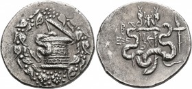 IONIA. Ephesos. Circa 180-67 BC. Cistophorus (Silver, 29 mm, 12.37 g, 1 h), CY 2 = 133/2. Cista mystica from which snake coils; around, ivy wreath wit...