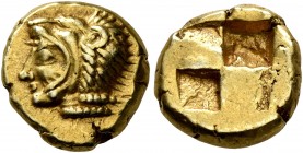 IONIA. Erythrai. Circa 550-500 BC. Hekte (Electrum, 11 mm, 2.52 g). Head of Herakles to left, wearing lion skin headdress. Rev. Quadripartite incuse s...