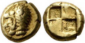 IONIA. Erythrai. Circa 550-500 BC. Hekte (Electrum, 10 mm, 2.58 g). Head of Herakles to left, wearing lion skin headdress. Rev. Quadripartite incuse s...