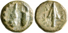 IONIA. Herakleia ad Latmon. Mid 2nd-1st century BC. AE (Bronze, 10 mm, 1.08 g, 12 h). Club and bow in bowcase. Rev. ΗΡΑΚΛ-ΕΩΤΩΝ Spearhead. BMC -. SNG ...