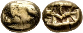 IONIA. Miletos. Circa 600-546 BC. Hekte (Electrum, 10 mm, 2.27 g), Lydo-Milesian standard. Lion reclining left, head reverted to right; all within a r...