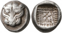 IONIA. Miletos. Late 6th-early 5th century BC. 1/8 Stater (Silver, 10 mm, 1.55 g). Facing head of a lion within a dotted square. Rev. Stellate pattern...