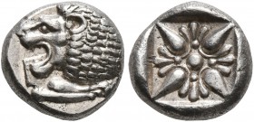 IONIA. Miletos. Late 6th-early 5th century BC. Diobol (Silver, 9 mm, 1.25 g). Forepart of a lion to right, head turned to left. Rev. Stellate design w...