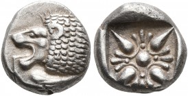 IONIA. Miletos. Late 6th-early 5th century BC. Diobol (Silver, 9 mm, 1.19 g). Forepart of a lion to right, head turned to left. Rev. Stellate design w...