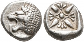 IONIA. Miletos. Late 6th-early 5th century BC. Diobol (Silver, 9 mm, 1.19 g). Forepart of a lion to right, head turned to left. Rev. Stellate design w...