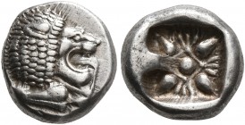 IONIA. Miletos. Late 6th-early 5th century BC. Diobol (Silver, 9 mm, 1.21 g). Forepart of a lion to left, head turned to right. Rev. Stellate design w...