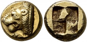 IONIA. Phokaia. Circa 478-387 BC. Hekte (Electrum, 10 mm, 2.54 g). Head of a lion to left; below, small seal to left. Rev. Quadripartite incuse square...