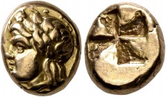 IONIA. Phokaia. Circa 478-387 BC. Hekte (Electrum, 11 mm, 2.54 g). Head of a satyr to left, with an animal ear and wearing wreath of ivy and fruit; be...