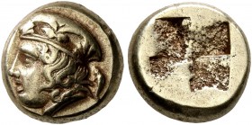 IONIA. Phokaia. Circa 478-387 BC. Hekte (Electrum, 10 mm, 2.54 g). Head of Hera to left, wearing kalathos decorated with palmettes; behind, small seal...