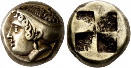 IONIA. Phokaia. Circa 478-387 BC. Hekte (Electrum, 10 mm, 2.54 g). Female head to left, hair bound in sakkos; behind, small seal downward. Rev. Quadri...