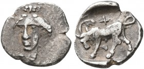 IONIA. Phygela. Circa 400-350 BC. Hemiobol (Silver, 8 mm, 0.33 g, 8 h). Head of Artemis Munychia facing slightly to left, wearing polos. Rev. Bull but...