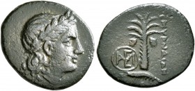 IONIA. Smyrna. Circa 301-288 BC. AE (Bronze, 15 mm, 1.71 g, 6 h). Laureate head of Apollo to right. Rev. ΣMYPNAIΩN Palm tree with dates; to left, mono...