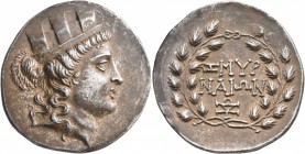 IONIA. Smyrna. Circa 155-145 BC. Tetradrachm (Silver, 34 mm, 16.66 g, 12 h), Zopy(ros?), magistrate. Turreted head of the city-goddess to right. Rev. ...