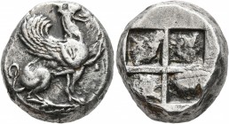 IONIA. Teos. Circa 500-450 BC. Stater (Silver, 18 mm, 12.00 g). Griffin, with curved wings, seated to right, raising left foreleg. Rev. Quadripartite ...