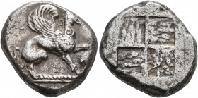 IONIA. Teos. Circa 450-425 BC. Stater (Silver, 20 mm, 11.80 g). Griffin seated right, his left forepaw raised; to right, head of Satyr to right. Rev. ...