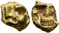 IONIA. Uncertain. Circa 625-600 BC. Myshemihekte – 1/24 Stater (Gold, 7 mm, 0.66 g), Phokaic standard. Raised clockwise swastika pattern. Rev. Quadrip...