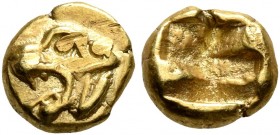 IONIA. Uncertain. Circa 600-550 BC. Myshemihekte – 1/24 Stater (Electrum, 6 mm, 0.68 g), Phokaic standard. Head of a roaring lion to left. Rev. Rough ...