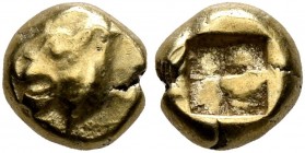 IONIA. Uncertain. Circa 600-550 BC. Myshemihekte – 1/24 Stater (Electrum, 6 mm, 0.65 g), Phokaic standard. Head of a lion to left. Rev. Quadripartite ...