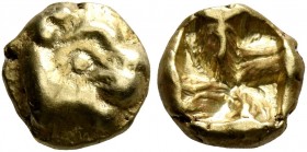 IONIA. Uncertain. Circa 600-550 BC. Myshemihekte – 1/24 Stater (Electrum, 7 mm, 0.64 g), Phokaic standard. Head of a lionness to right. Rev. Incuse sq...