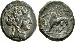 LYDIA. Sardes. Circa 133 BC-AD 14. AE (Bronze, 16 mm, 4.08 g, 1 h). Head of Dionysos to right, wearing wreath of ivy and fruit. Rev. ΣAPΔI/ANΩN Panthe...